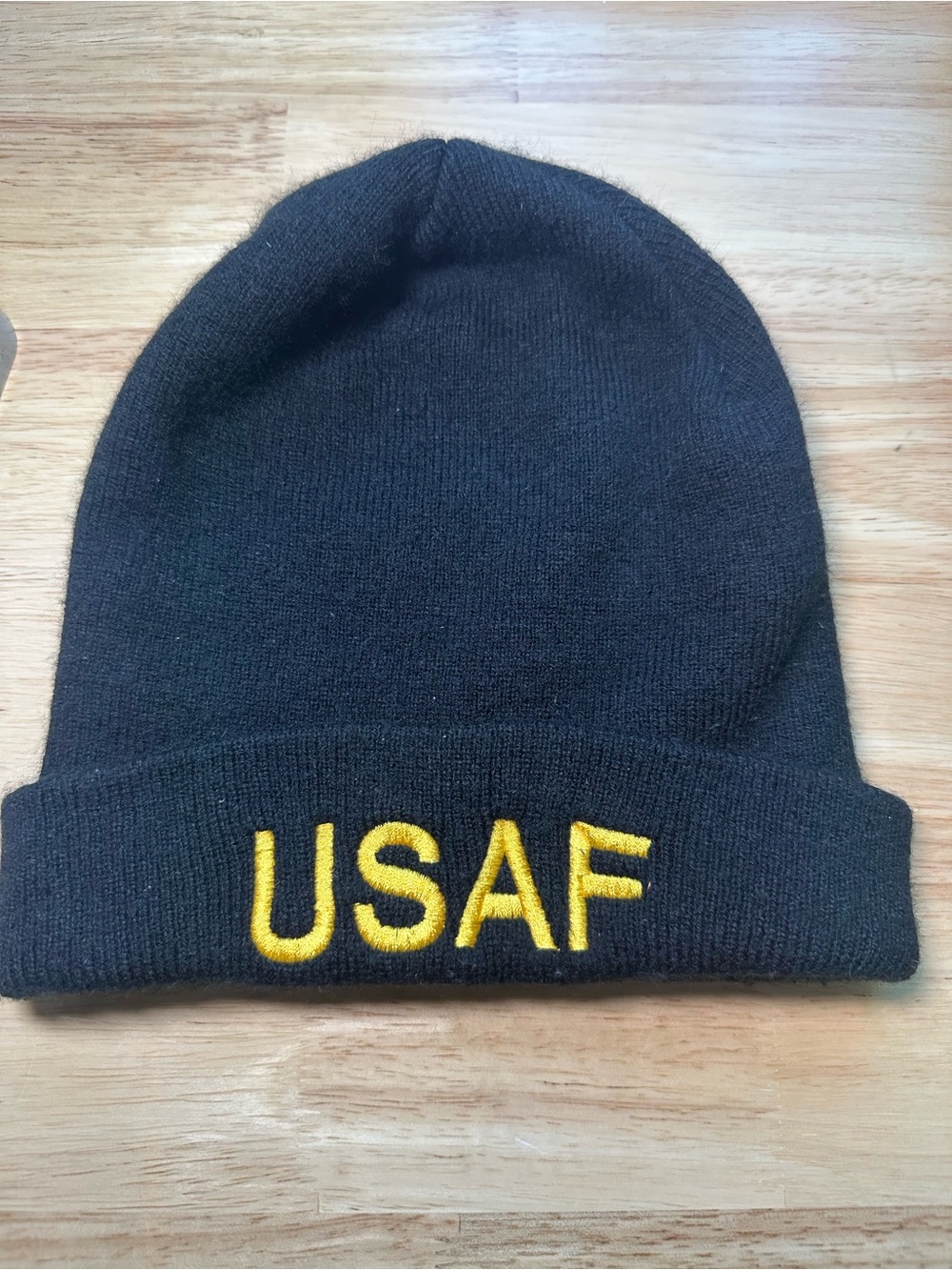 USAF Embroidered Black Knit Beanie - Yellow Lettering